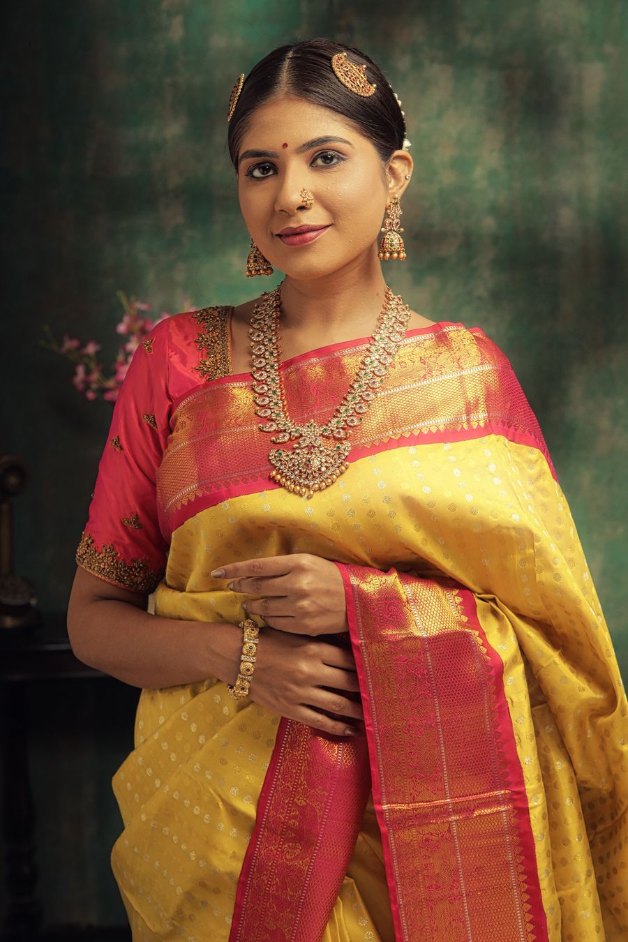 Editorial inspiration: traditional gold and pink saree with jewellery