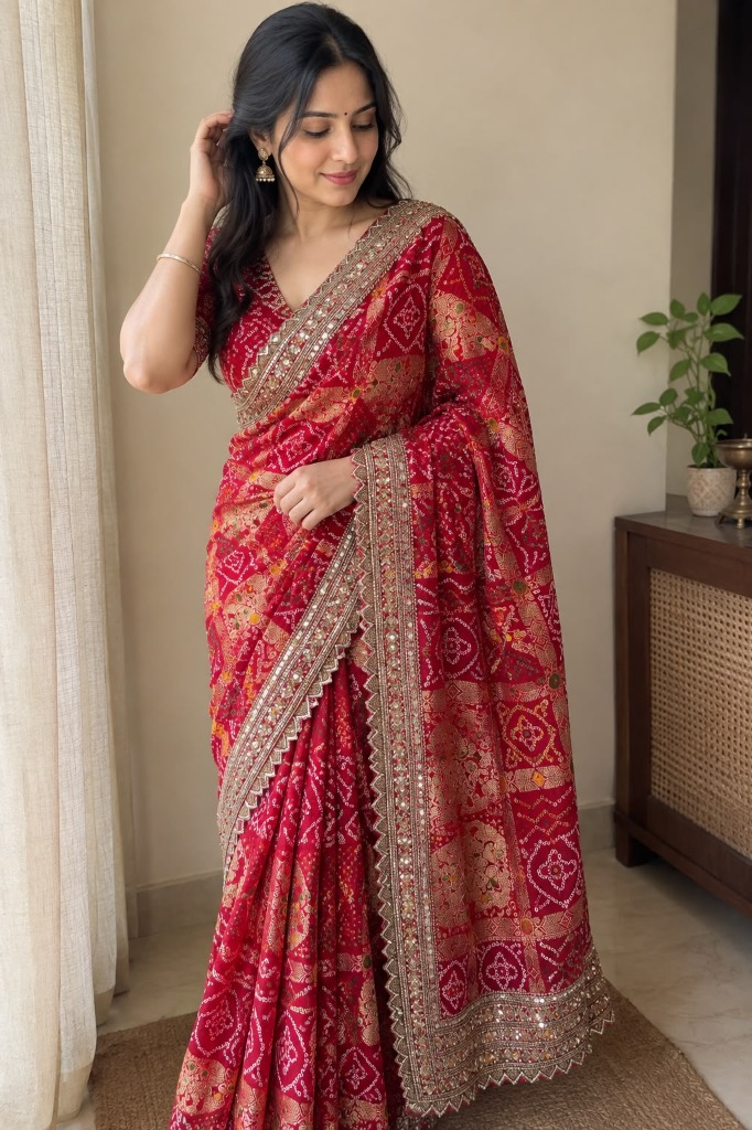 Woman wearing a red saree with an ornate gold border beside a window