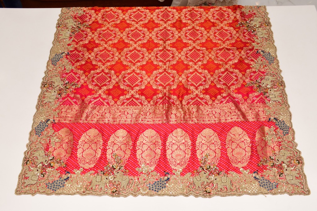 Full saree view with gold-tone floral patterns and ornate border — Pink Bridal Saree 07.1